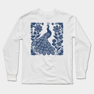 Peacock Folk Art Block Print Navy Blue Long Sleeve T-Shirt